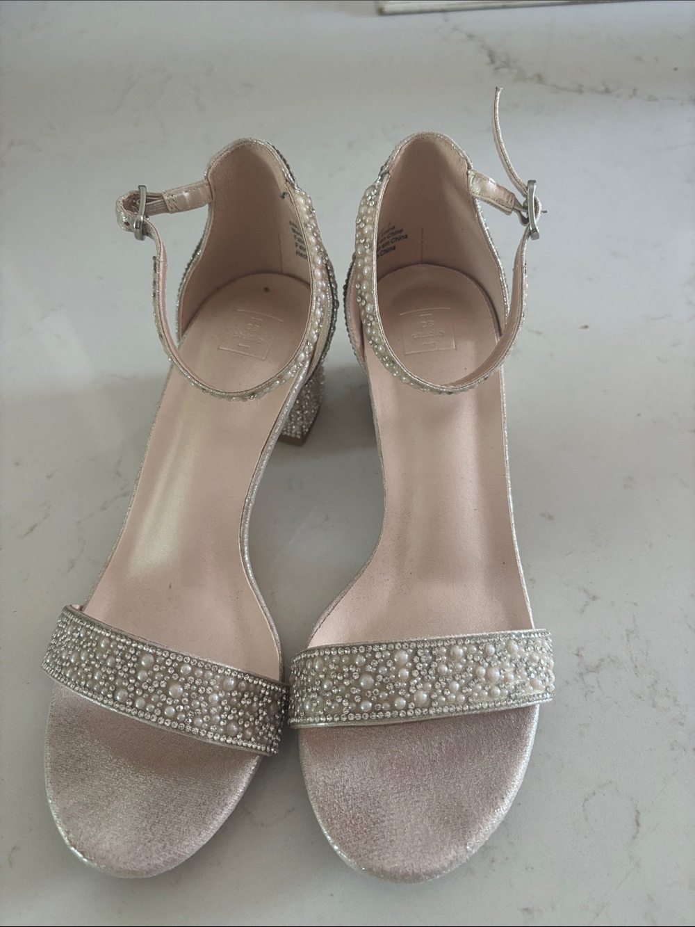 Pearl-Embellished Ankle Strap Heels in Champagne